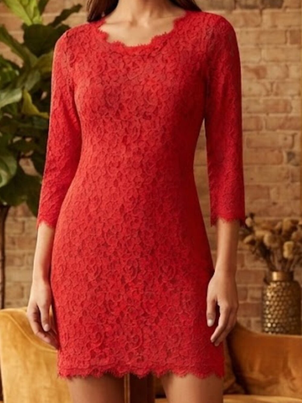 Diane Von Furstenberg Red Floral Lace Mini Dress Size 6